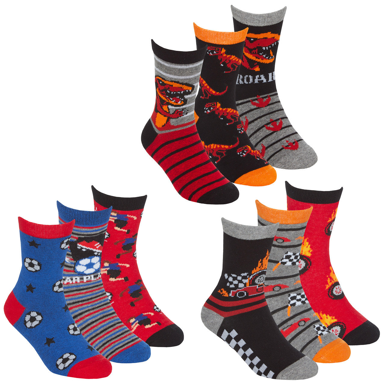 Boys Novelty Crew Socks Racing Football Dino 9 Pairs