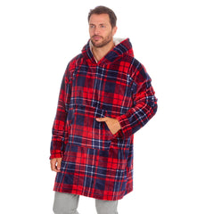 Adults Unisex Sherpa Fleece Oversized Checked Design Hoodie One Size Red