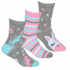 Girls Novelty Colourful Cute Unicorn Socks 3 Pairs Grey Unicorn