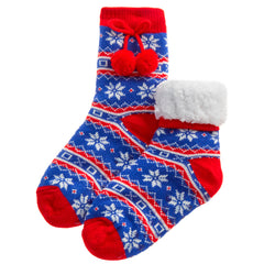 Girls Fair Isle Pattern Lounge Sherpa Fleece Christmas Socks With Pom Pom