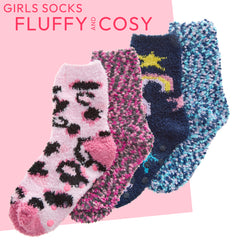 Girls Fluffy Snuggle & Popcorn Cosy Bed Socks Non Slip Leopard Stars Designs 2 Pairs