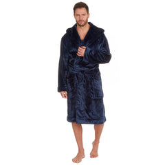 Mens Flannel Fleece Dressing Gown Classic Hooded Robe 3XL 4XL 5XL Blue