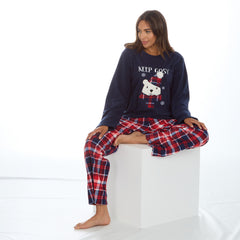 Womans Plush Fleece 2 Piece Polar Bears Checked Pants Lounge Set Navy