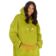 Womens Novelty Grinch Oversized Blanket Hoodie Borg Fleece Green One Size