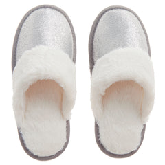 Womens Glitter Mule Fluffy Furry House Slippers Silver