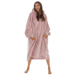 Womens Fleece Longline Knee Length Oversized Hoodie One Size Champagne Pink