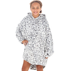 Girls Silver Leopard Print Design Oversized Blanket Hoodie with Pockets