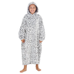 Girls Silver Leopard Printed Design Oversized Blanket Hoodie with Pockets