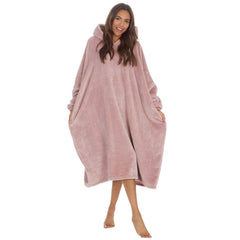 Womens Fleece Longline Knee Length Oversized Hoodie One Size Champagne Pink