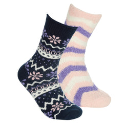 Womens Thermal Winter Knitted Fair Isle and Striped Design Chunky Warm Socks Blue 2 Pairs