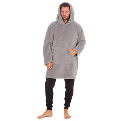 Mens Snuggle Fleece Oversized Hoodie Lounge Top One Size Grey