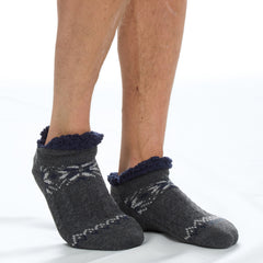 Mens Fluffy Low Cut Sherpa Fleece Slipper Socks with Non Slip Grippers Grey