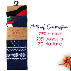 Mens Cotton Rich Novelty Christmas Design Socks 3 Pairs Navy