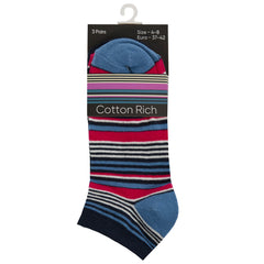 Womens Trainer Liner Socks Stripes Blue 3 Pairs