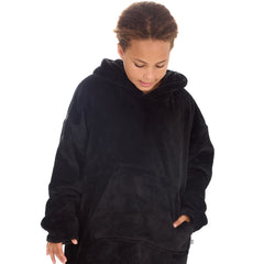 Girls Black Onyx Oversized Blanket Plush Fleece Hoodie with Pockets