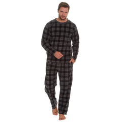 Mens Microfleece Long-Sleeved Pyjamas Checked Design Lounge Sets Black