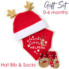 Baby Unisex Christmas Reindeer 3 Piece Hat Bib and Socks Gift Set