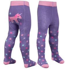 Baby Girls Patch Panel Tights With Rubber Grippers 1 Pair - Purple Unicorn