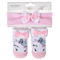 Baby Girls Pink Unicorn Bow Headband With Matching Socks Set Pink