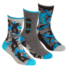 Boys Camo Skateboard Print Socks 3 Pairs Grey Camo