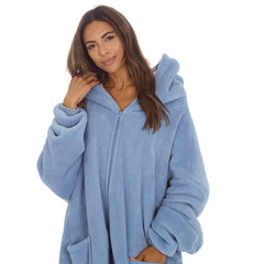 Adults Unisex Fleece Borg lining Sherpa Zipped Poncho Hoodie One Size Denim Blue