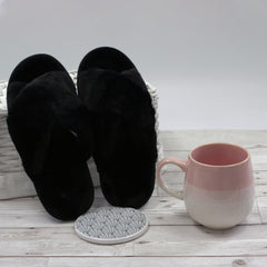 Womens Plush Faux Fur Open Toe Slippers Black