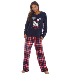 Womans Plush Fleece 2 Piece Polar Bears Checked Pants Lounge Set Navy