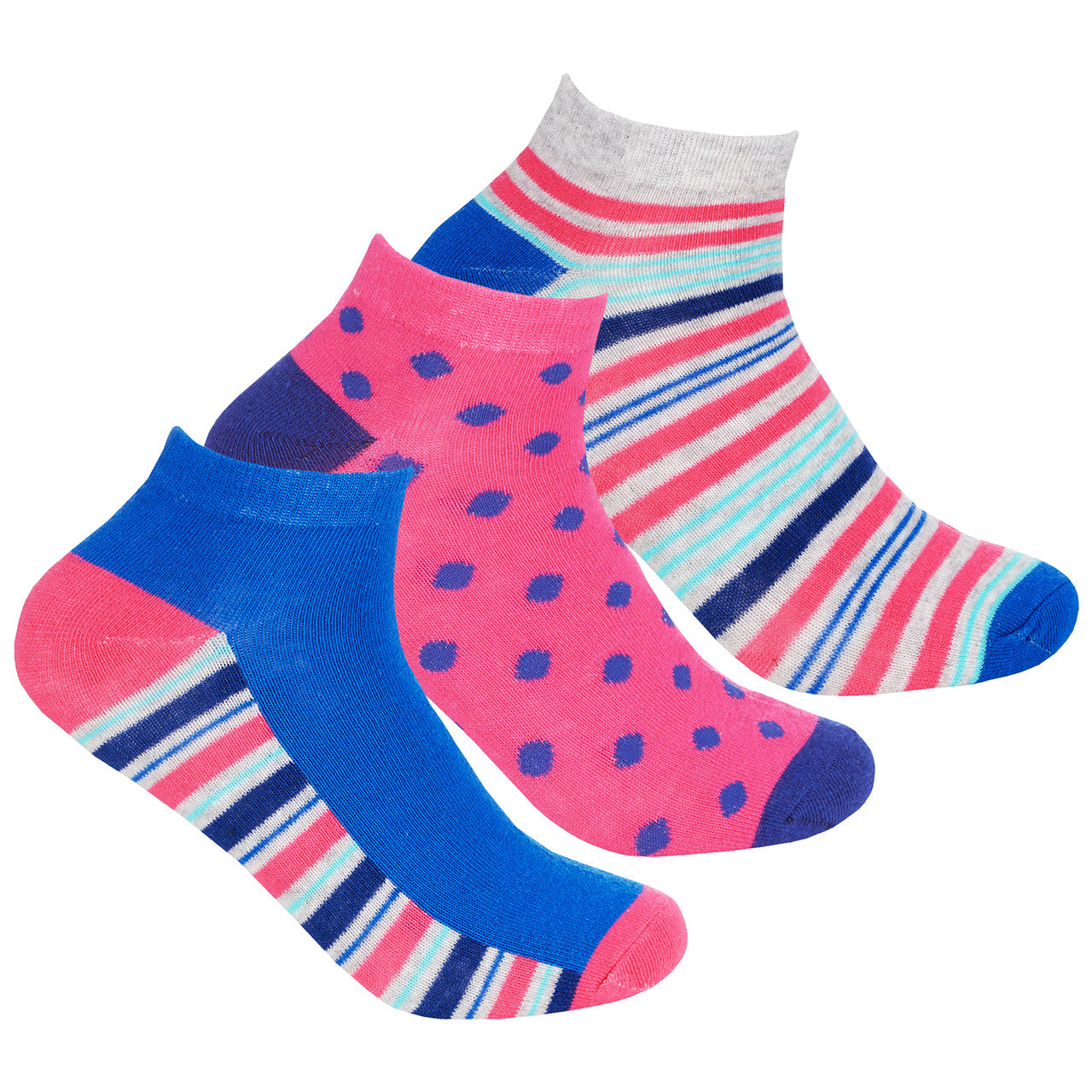 Ladies Trainer Liner Low Cut Socks Blue Striped 3 Pairs