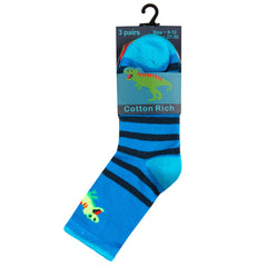 Boys Socks Dinosaur Dino Crew Socks Blue - 3 Pairs