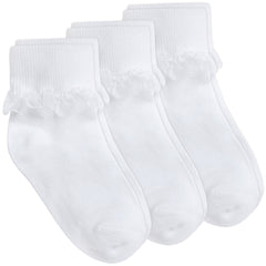 Girls Lace Socks Turn Over Organza Frill 3 Pairs White