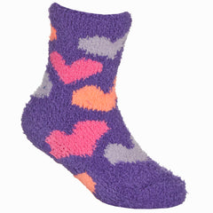 Girls Fluffy Sherpa Fleece Slipper Socks with Non Slip Grippers Purple Hearts