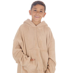 Boys Beige Toffee Plain Oversized Blanket Fleece Hoodie with Pockets