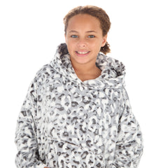 Girls Silver Leopard Print Design Oversized Blanket Hoodie with Pockets