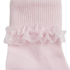 Girls Kids Lace Socks Turn Over Organza Frill 6 Pairs White Pink