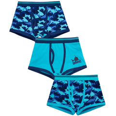 Boys Elasticated 3 Pack Cotton Boxer Trunks Underwear Blue Sharks - 3 Pack