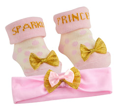 Baby Girl's Socks And Headband Set With Sparkle Bow Pink Gold