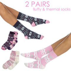 Womens Cosy Thermal Bed Socks Fluffy Knitted Winter Socks Non Slip Grippers 2 Pairs