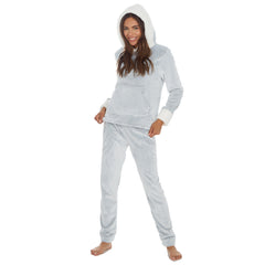 Womans Plush Fleece 2 Piece Cuffed Super Soft Hooded Lounge Set Pyjamas Grey