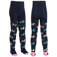 Girls Novelty Designer Tights Navy & Pink - 2 Pairs