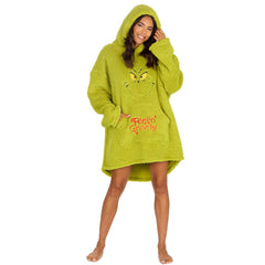 Womens Novelty Grinch Oversized Blanket Hoodie Borg Fleece Green One Size