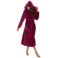 Womans Plush Fleece Dressing Gown Long Length Hooded Robe Burgundy