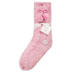 Womens Knitted Warm Winter Bed Socks with Sherpa Lining and Pom Poms