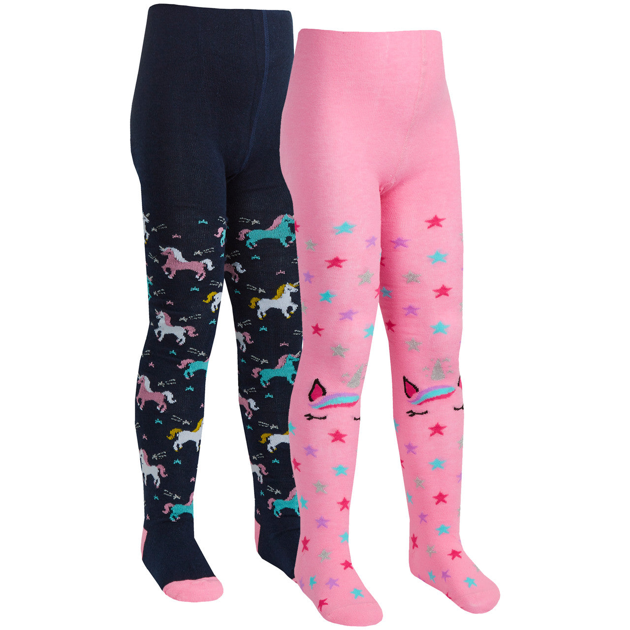 Girls Novelty Designer Tights Navy & Pink - 2 Pairs