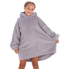 Girls Grey Cable Oversized Blanket Sherpa Fleece Hoodie