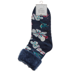 Womens Fluffy Sherpa Fleece Slipper Socks with Non Slip Grippers Blue Daisy