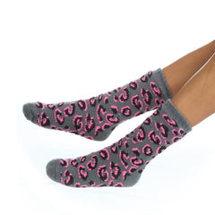 Womens Leopard Print Lounge Socks with Sherpa Fleece Thermal Bed Socks with Non Slip Grippers 1 Pair
