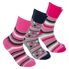 Womens Non Elastic Loose Top Socks 3 Pairs Pink Stripes