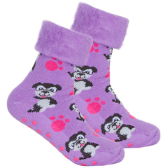 Womens Bed Socks With Anti Slip Grippers Dog 1 Pair - Purple