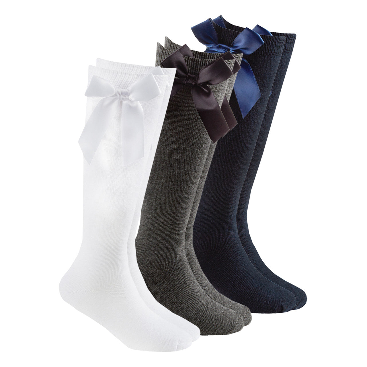 Girls High Knee With Satin Bow Back To School Plain Socks 3 Pairs - White Grey Navy