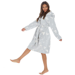 Womans Soft Fleece Dressing Gown Heart Design Hooded Robe Light Grey